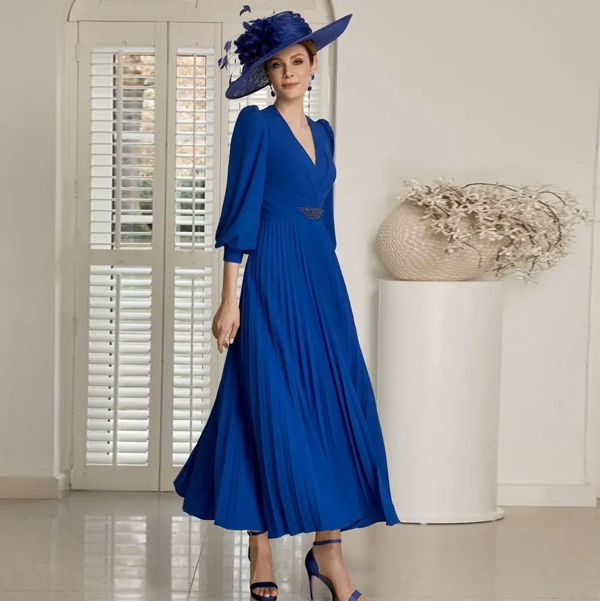 Jumpsuit Royal Blue V Neck 3/4 Sleeves Beaded Mother of the Bride Dress