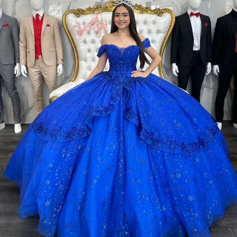 Blaues glänzendes Ballkleid Quinceanera-Kleid 2024 Applikationen Spitze Perlen Prinzessin Tüll Vestidos De 15 Anos Geburtstagsparty Süßes 16-Kleid