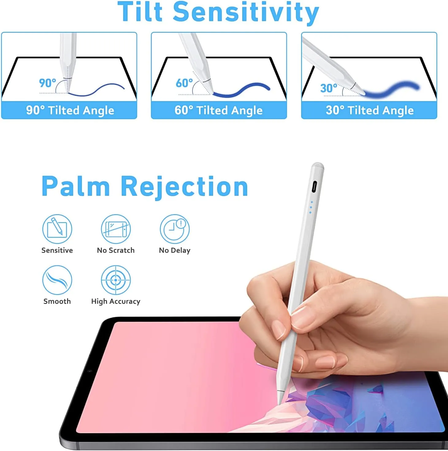iPad Pencil, Palm Rejection & Tilt Drawing Active Stylus Pen for Apple iPad  Pro Air Mini (White)