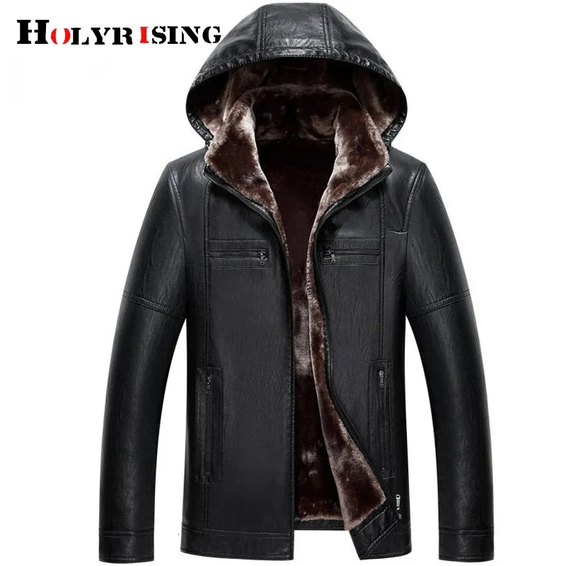 Men s läder faux holyrising Men läderjacka huva avtagbar plus storlek sammet vadderade mens varma pu jackor rockar 19066 231113