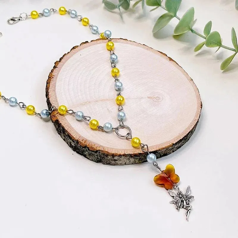 Pendentif Colliers Fairycore Jaune et Bleu Mini Rosaire Papillon Cottagecore Fée Bijoux Pixiecore