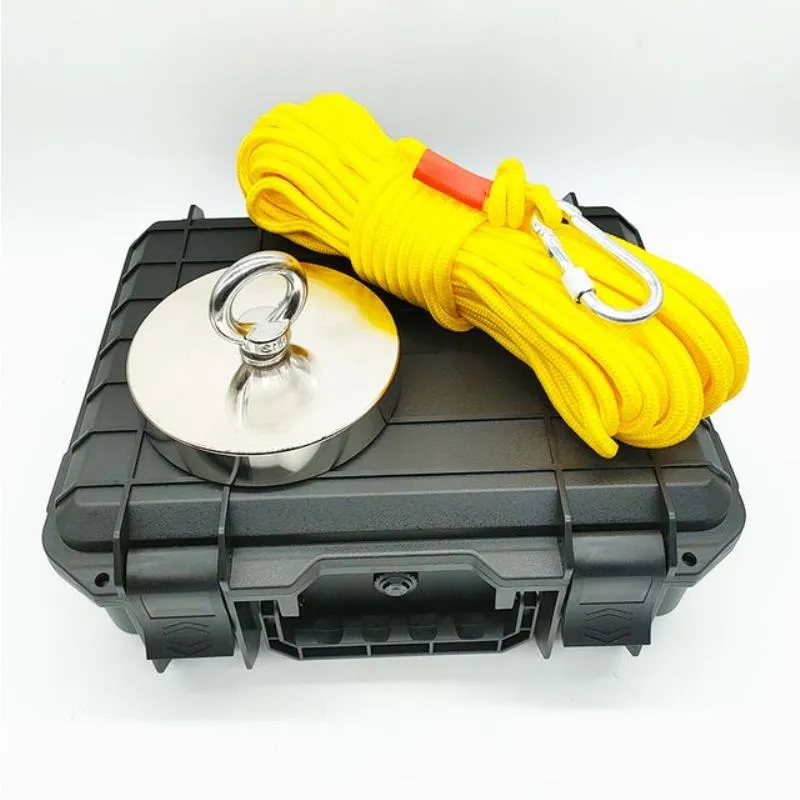 Kit de pêche à aimant en néodyme de terres rares, Force de traction simple face D135mm, avec boîtier en plastique jaune et noir, corde pour récupération Dpfpe, 2000lbs
