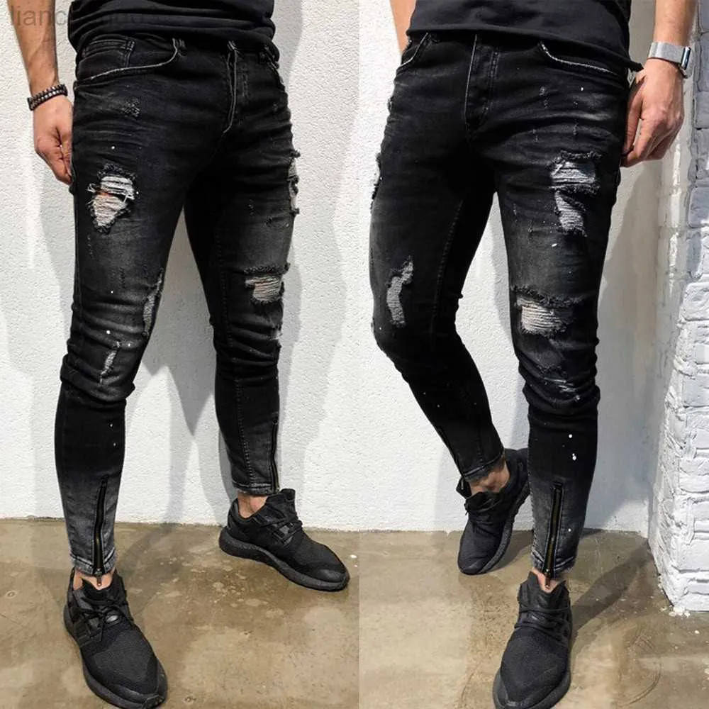 Jeans masculin jeans masculin street trou de rue pantalon crayon noir fête de moto