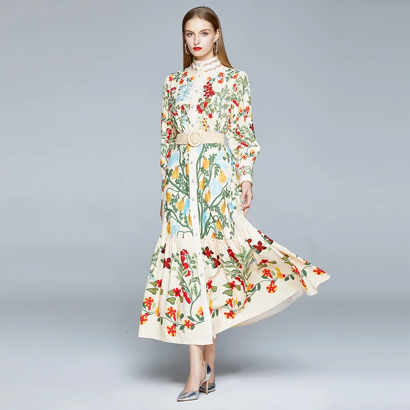 Gorgeous Flower Print floral tiered maxi dress for Women - Autumn Runway Style with Long Sleeves, Button-Up Sashes, and Stand - Perfect for Casual