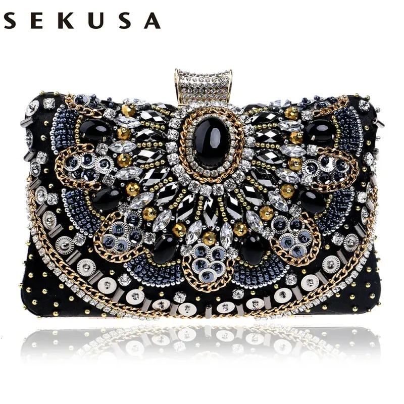 Abendtaschen SEKUSA Kleine Perlen-Clutch-Geldbörse Elegante schwarze Abendtaschen Hochzeits-Party-Clutch-Handtasche Metallkette Umhängetaschen 231026