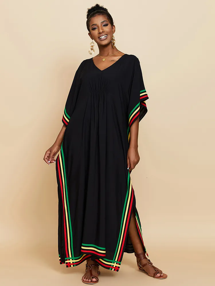 Dames badmode elegante zwarte maxi jurk robe de plage v nek boemien lange jurk met lange jurk badpak strand kleding bedek op kaftan pareo 230412