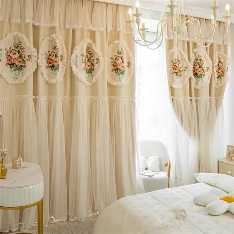 Curtain Korean Princess With Lace Valance American Luxury Pastoral Style Half Blackout For Living Room Bedroom