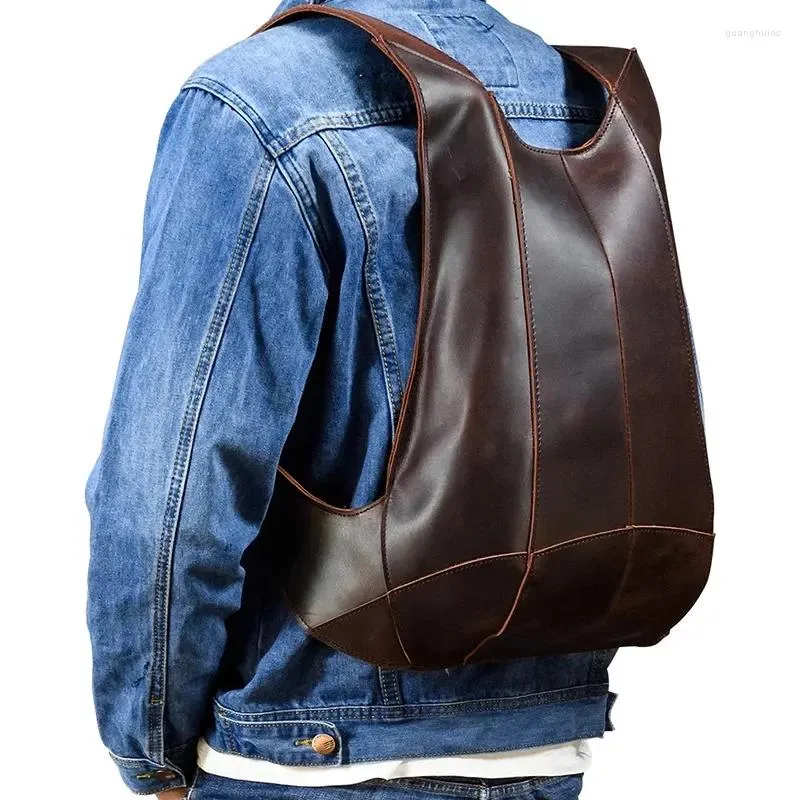 Sacos escolares mochila de couro genuíno para homens bolsa de ombro de pele de cavalo louco com colete de personalidade simples estudante bookbag em couro