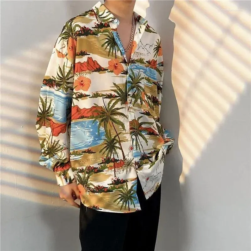 Men's Casual Shirts Hawaiian Beach Harajuku Vintage Versatile Coconut Print Long Sleeve Aloha Party Holiday Shirt Men Button Down Tops