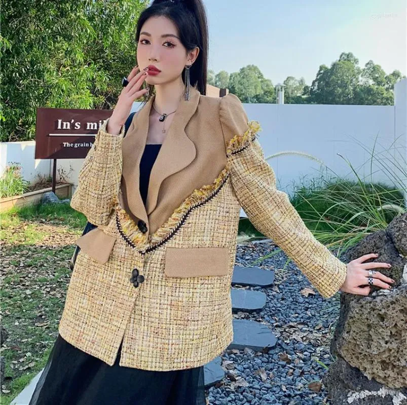 Damesjassen streetwear modeontwerper herfst puff puff mouw blazer jas vrouwen tweed kwastje patchwork bloemen knop losse jas bovenkleding