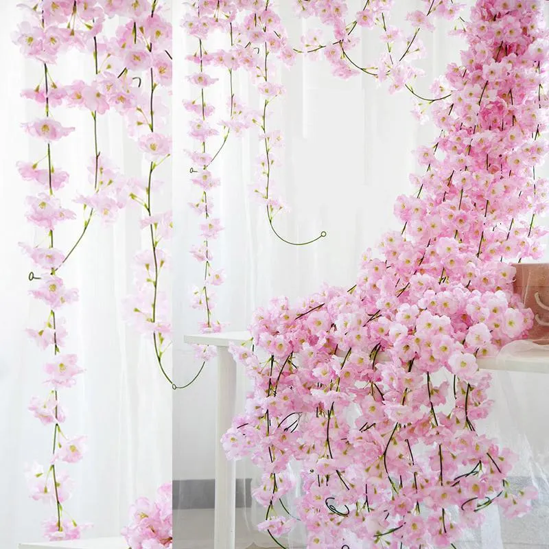 Flores decorativas grinaldas 5pcs 2,3 metros Wisteria Artificial Cherry Blossom Flower Rattan Vine Home Parede pendurada Ivy de seda planta falsa