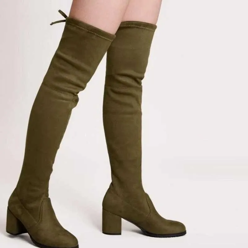 Stövlar Autumn Winter Mid Heel High-Heeled Over The Kne Long Women's Boots Elastic Plus Size 43 Lår High Sock Booties Woman AA230412