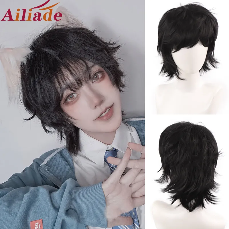 コスプレウィッグスイリードブラックメンズウィッグショートストレートバング12 "男性ボーイのための合成ウィッグ