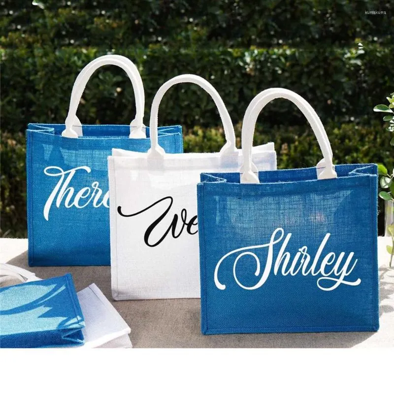 Presentförpackning den blå vita burlap strandväskan anpassad sommar daglig shopping personat namn bröllopsfest gynnar damer tote