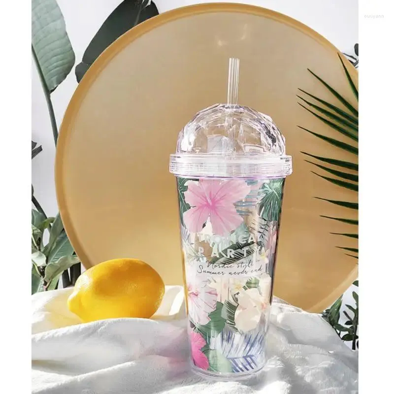 Water Bottles Bottle Flower Double-layer Cup Creative Personality Trend Plastic Straw Summer Home Office Tools