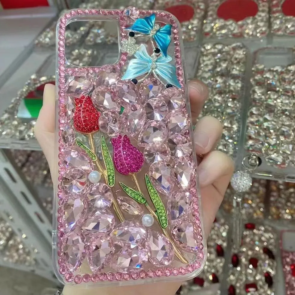 Bling Diamond Cases pour iPhone 15 Pro Max 14 Plus 13 12 11 X XR XS 8 7 6 SE2 Luxe 3D Rose Floral Fleur Cristal Acrylique Dur PC Plastique Souple TPU Strass Filles Couverture de Téléphone