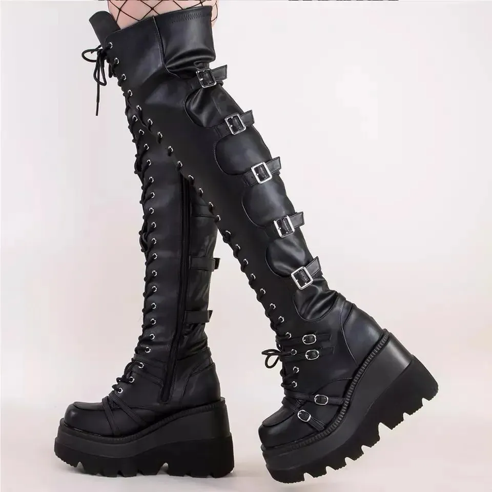 Zapatos de vestir Botas altas de muslo gótico Plataforma de mujer Cuñas Bota de motocicleta sobre la rodilla Tacones de stripper del ejército Punk con cordones Hebilla de cinturón largo 231113