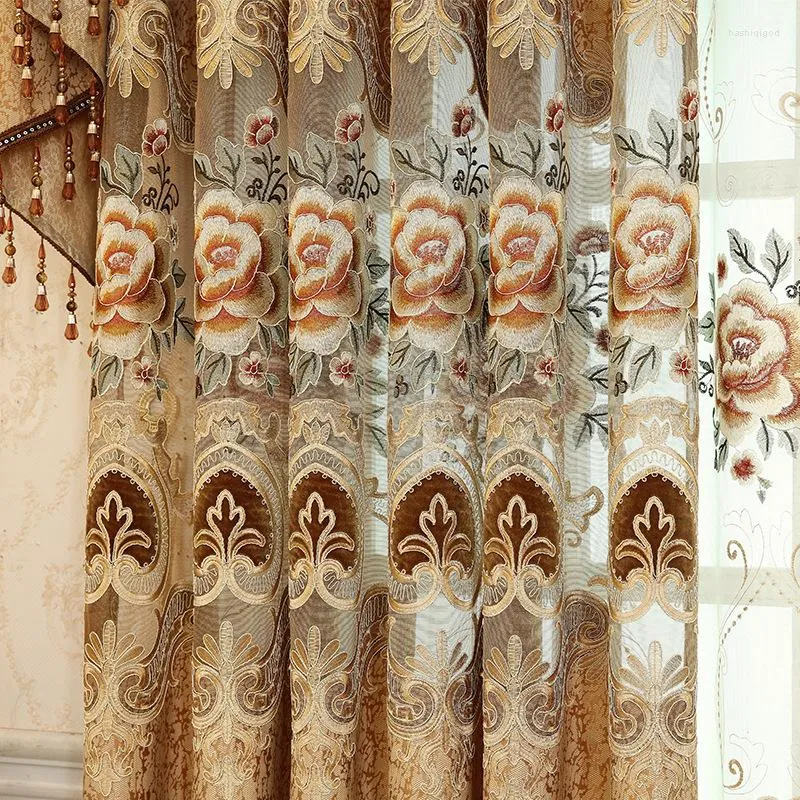 Curtain Customization European Style Curtains For Living Dining Room Bedroom Retro Brown Hollow Embroidery Lace Tulle