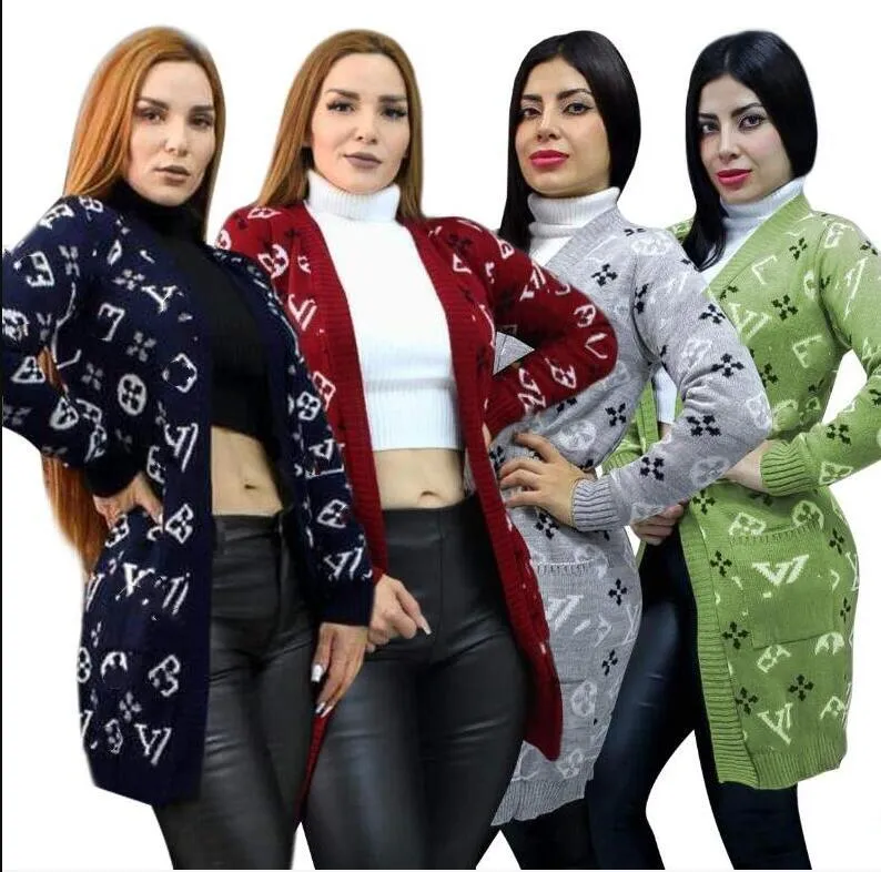 Våren nya kvinnors tröjor Lossa ärmar Långa trendiga stickade bokstäver Fashion Cardigan stor storlek V Neck stickad tröja toppar jacka outwear