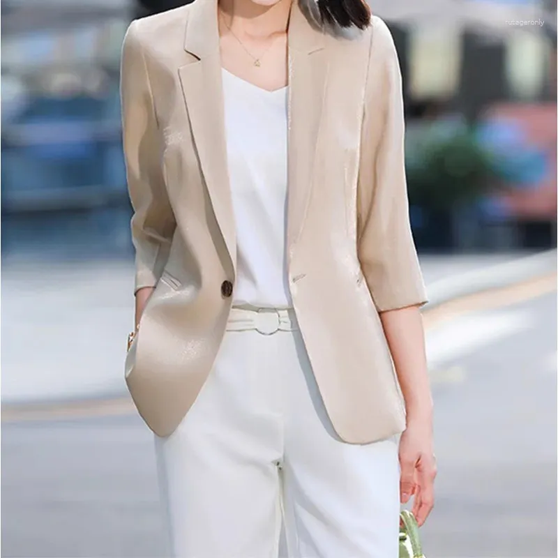 Women's Jackets Khaki Color Small Suit Jacket Quarter Sleeved Casual Top