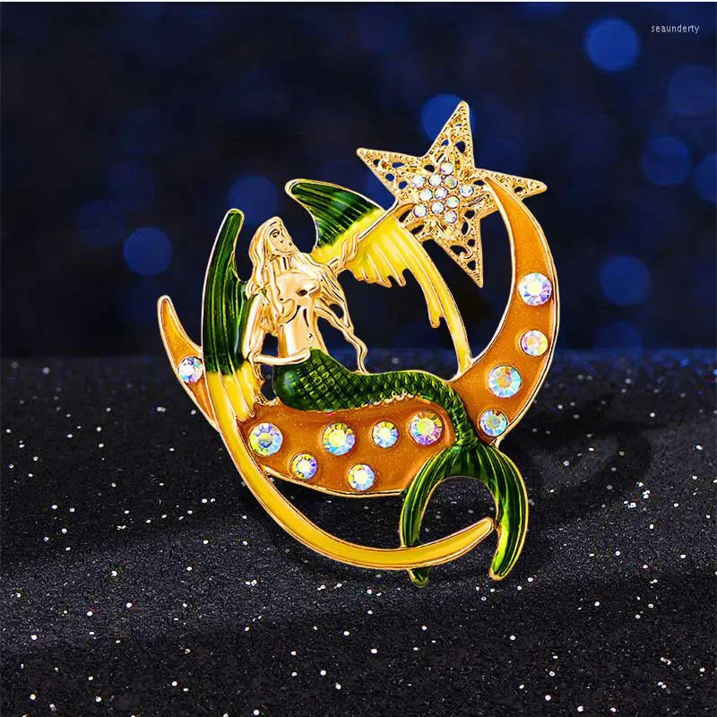 Broszki emalia syrenka dla kobiet siedzących na księżycu patrz gwiazda lady imprezy broszka