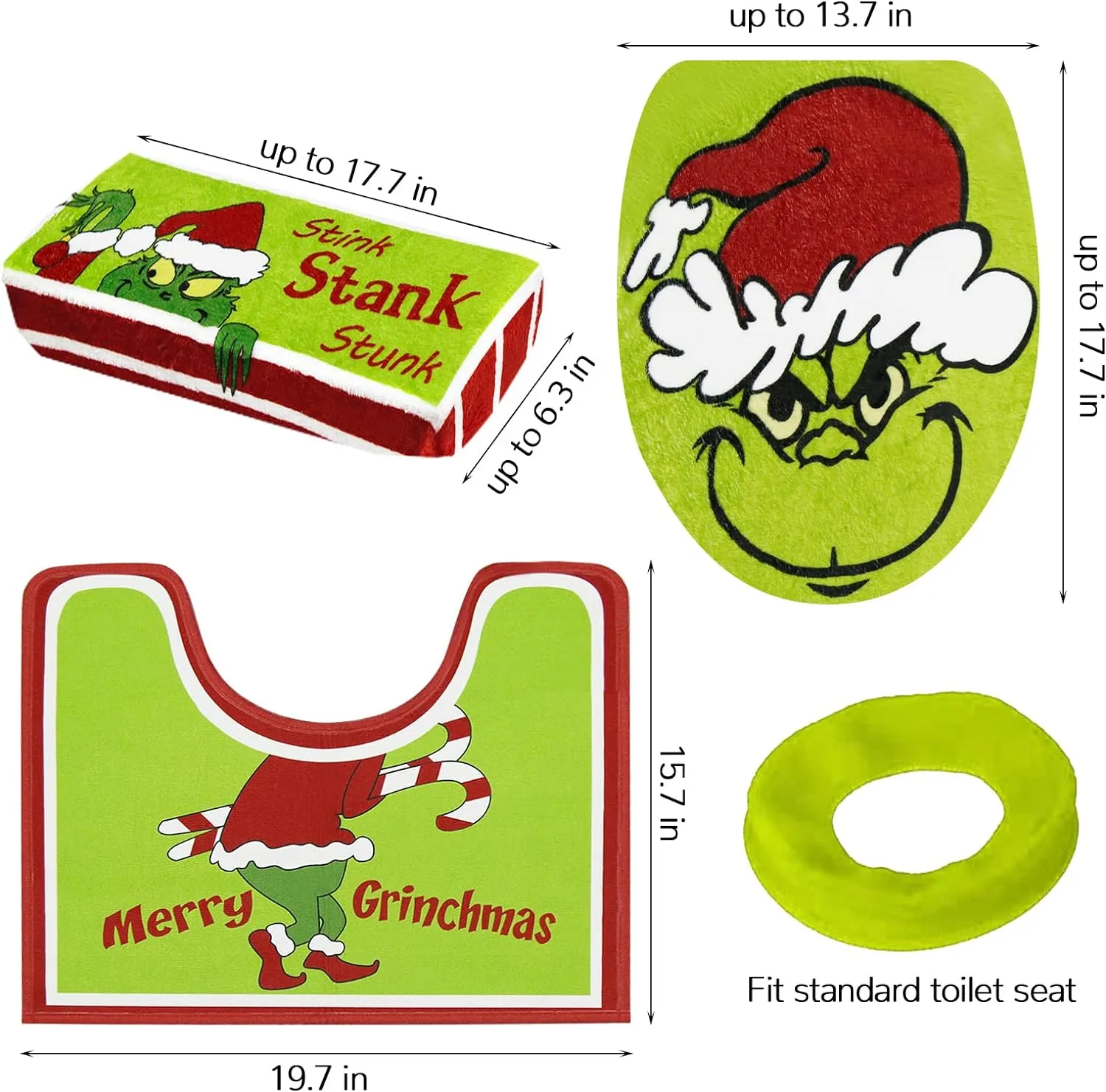 Grinch Christmas Decorations Xmas Bathroom Sets Grinchs Decor Toilet Seat Cover and Rug for Indoor Home Set of 4 1018