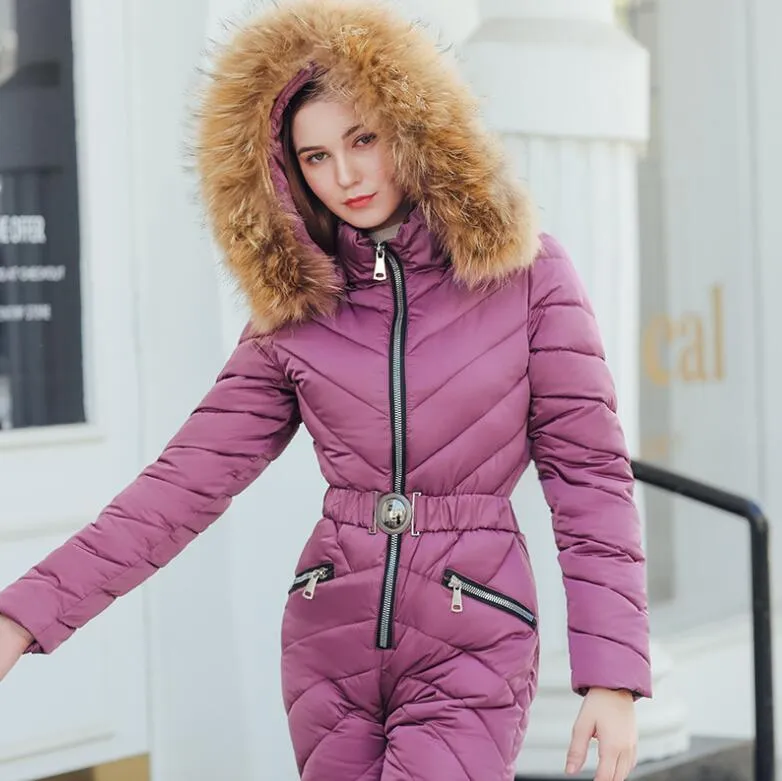 Winter Women`s Jumpsuits Hooded Women Parka Elegant Cotton Padded Warm Sashes Ski Suit Zipper One Piece Casual Tracksuits