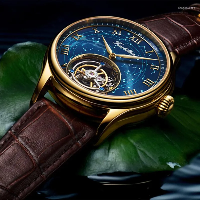 Armbanduhren Luxus Echte Tourbillon Bewegung Skeleton Uhr Für Männer Hand Wind Mechanische Saphir Mode Herren Uhren Wasserdichte Holzkiste