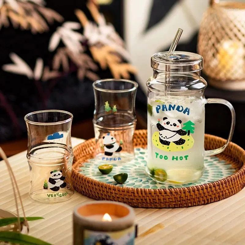 Şarap Gözlükleri Bambu Cam Saman Sup Kart Karikatür Panda Su Kupaları Yaratıcı Ev Mutfak İçecekleri Büyük Kapasiteli Kahve Süt Kupaları