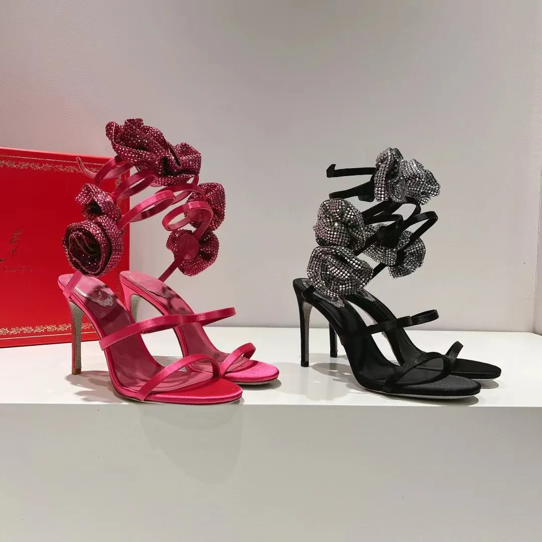 Rene Caovilla Hoge Hak Sandalen Vrouwen Snake Wrapped Enkelbandje Designer Schoenen Mode Strass Bloem Decoratie Bruiloft Schoen Vrouw Pompen met stofzak