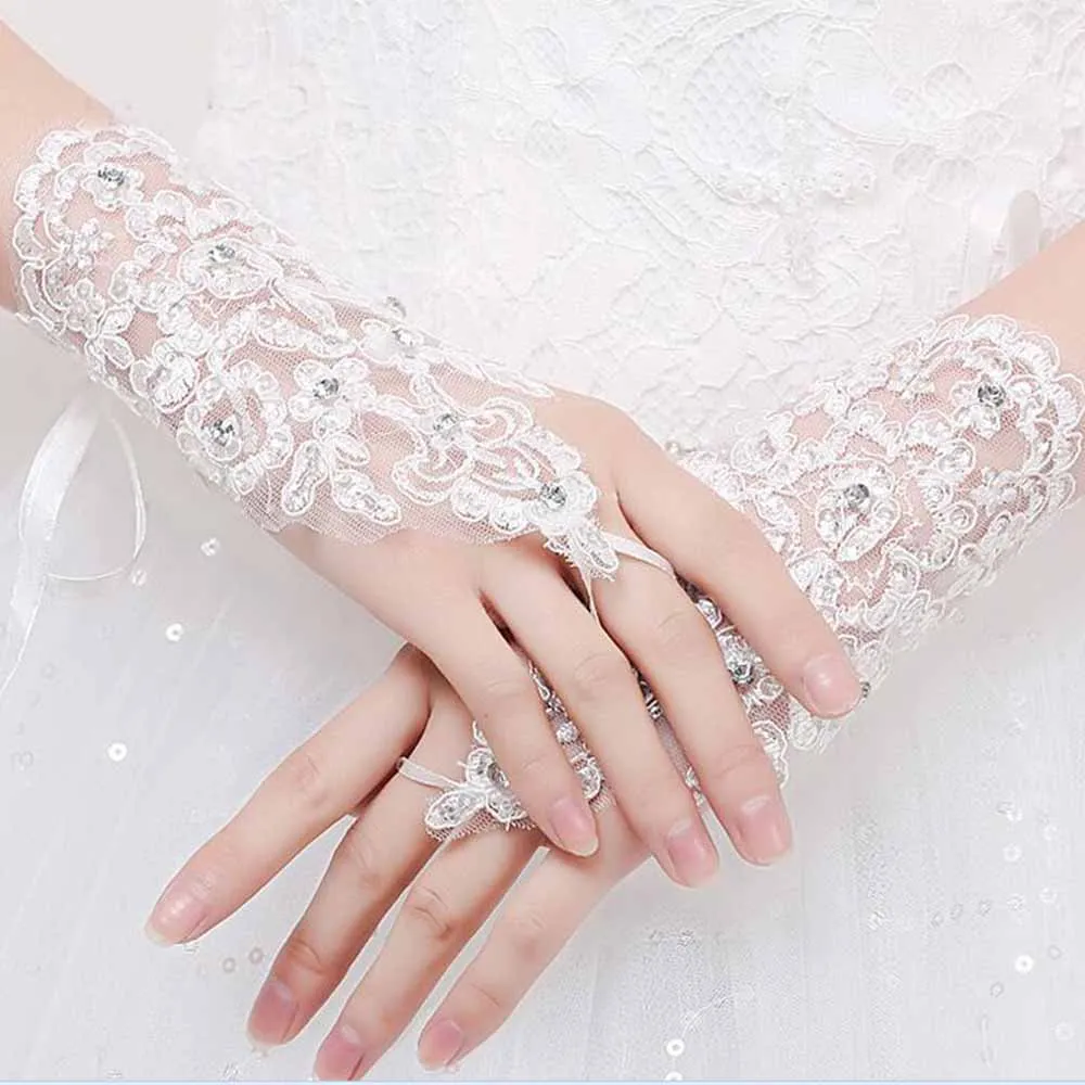 Guanti Corti da Sposa Bianchi con Pizzo a Pois Nero, in Tulle Trasparente, Guanti da Cerimonia per Donne, Abiti da Festa e Ballo, Guanti in Rete