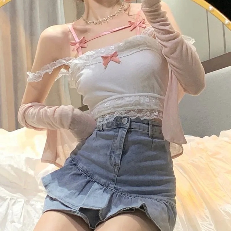 Camisoles Tanks Y2k Summer Solid Sling Tops Cute Girl Kawaii Lace Bow Inside A Vest 90s Aesthetic Crop Top Women 230412
