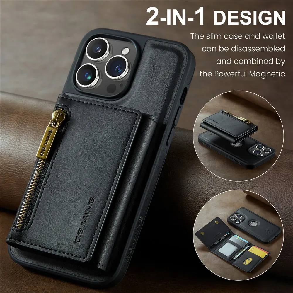 2 في 1 حالة هاتف محفظة من الجلد المغناطيسي القابل للفصل لجهاز iPhone 13 11 12 14 15 Pro Max 14 15 Plus Wireless Charging Cases Strong Magnet Cards Cover Stand Phone