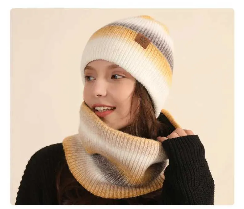 Charmingjolly 2 in 1 Outdoor Warm Tie-e Knit Scarf Hat Set European American Winter Women Men Unisex Gradient Color Fleece Scarf Beanie Kit Free Shipping