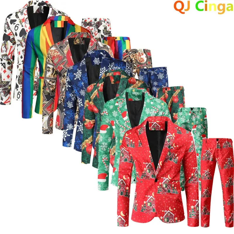 Men s Suits Blazers Red Printed Two Piece Christmas Day Jacket Pants Stylish Male Blazer Coat med byxor Black Green Blue S 4XL 231113