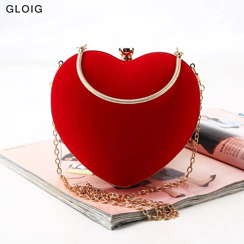 Evening Bags Red Heart Design Women Clutch Small Diamonds Golden Velvet Evening Bags Party Wedding Handbags Purse For Female 231113