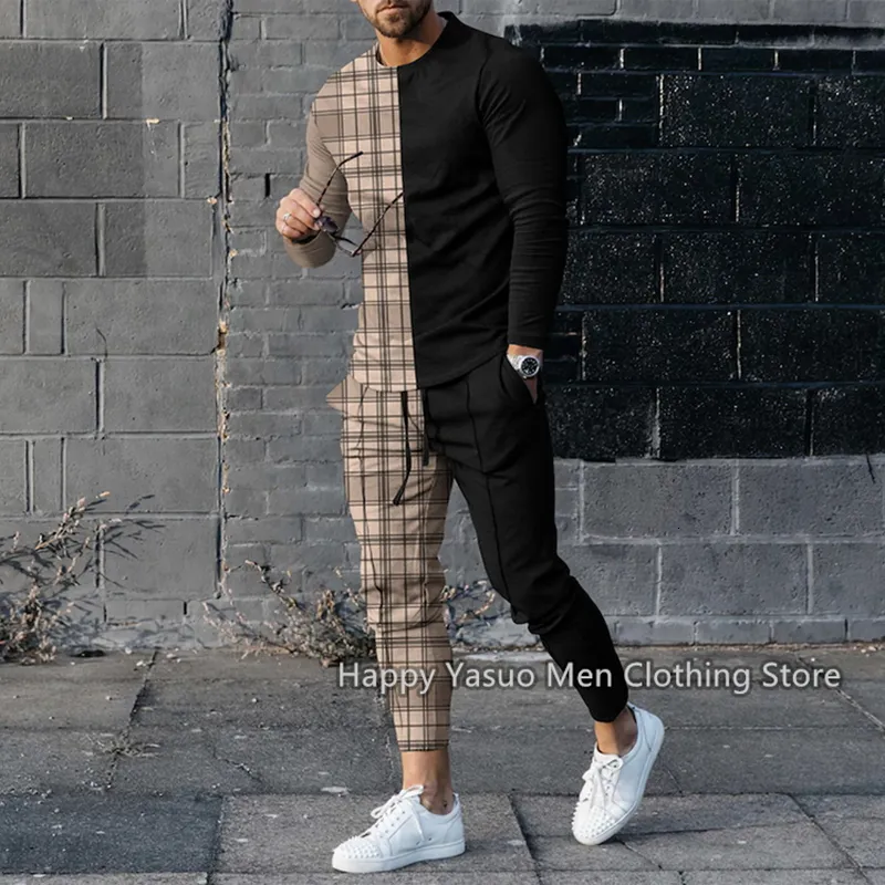 Men s Tracksuits Plaid 3d Print Set Male Tracksuit Sportwaer Jogger Outfit Suit Fashion Men Clothes Long Sleeves T shirtPants 2Pcs Sets 230412