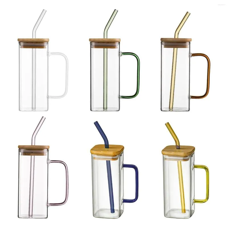 Verres à vin 400 ml tasse en verre tasse à thé avec couvercles et pailles poignée verres transparents tasse à lait pour voyage thé eau café glacé