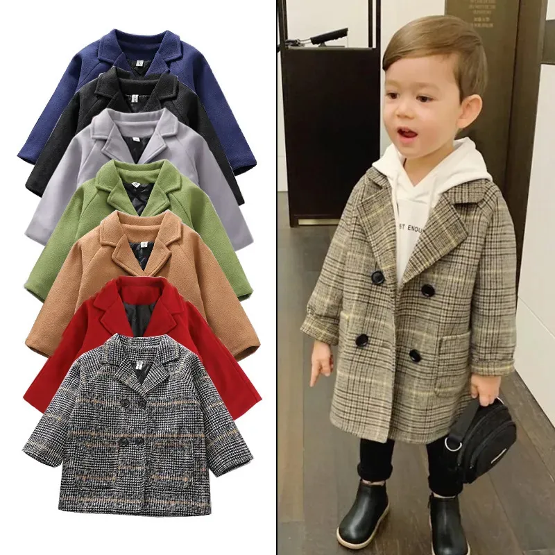 Jas kinderen winter raster jassen meisje wollen doublebreasted babyjongen geul revers kinderen bovenkleding wol loungewear overjas 231113