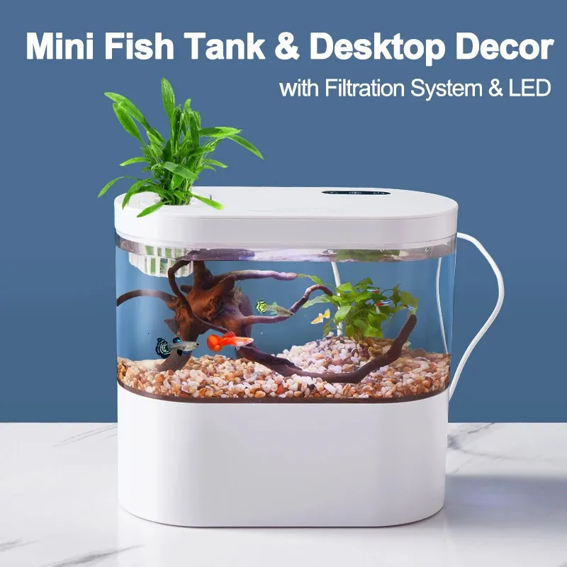 Aquários Mini Desktop Aquário Miniatura Tanque de Peixes com Sistema de Filtragem Bioquímica LED Pequenos Organismos Aquáticos Eco Box Home Decor 231113