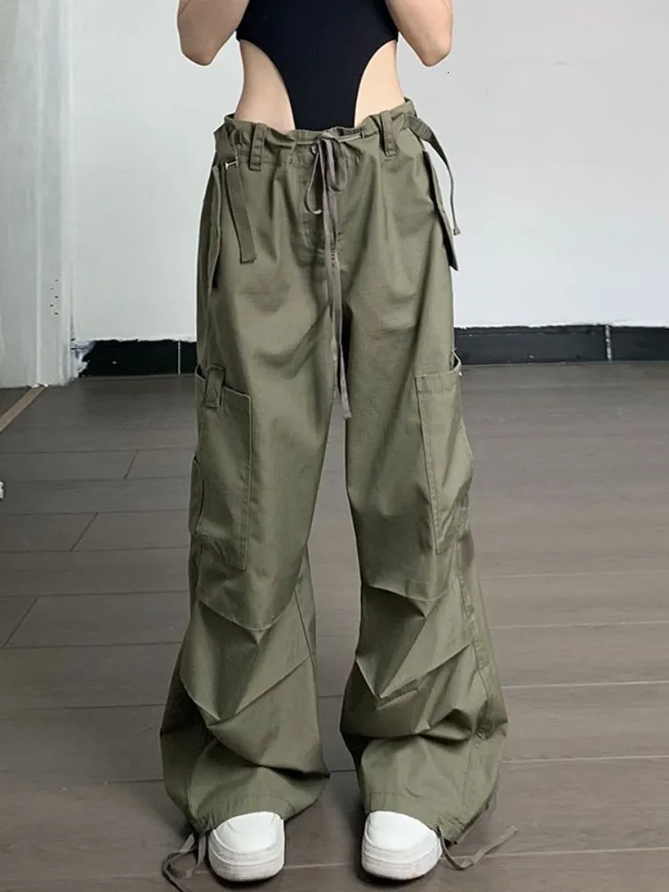 Damenhose Caprihose HOUZHOU Grüne Fallschirmhose Cargo Damen Übergroße Y2k Streetwear Hip Hop Hose mit weitem Bein Vintage Casual Baggy Joggers Weiblich 230413