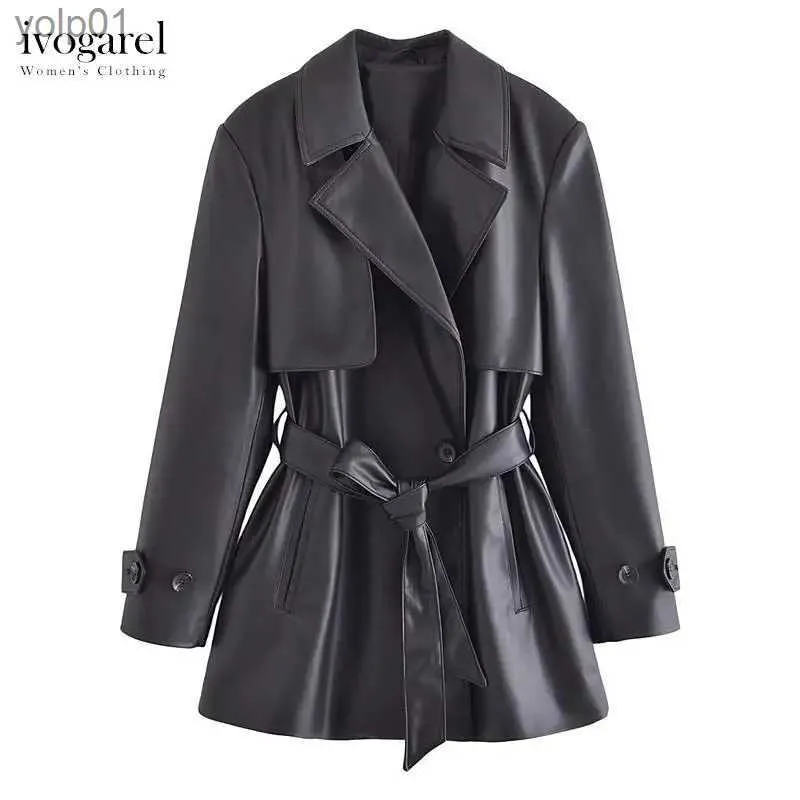 Women's Trench Coats Ivogarel Short Faux Leather Trench Coat Women's Double-Breasted Trench Coat with Lapel Collar Fall Winter Black Casual OuterwearL231113