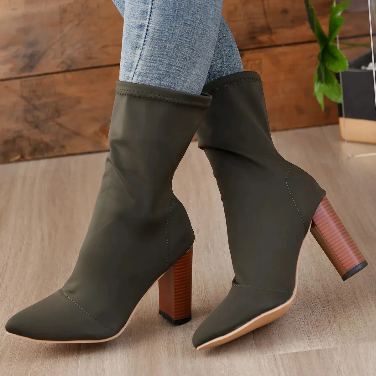 Kleid Schuhe Leder Damen Stiefel Herbst Winter High Heel Kurze Stiefel Frauen Frühling Einzelne Schuhe Dicke Absätze Ankle Botas mujer 231113