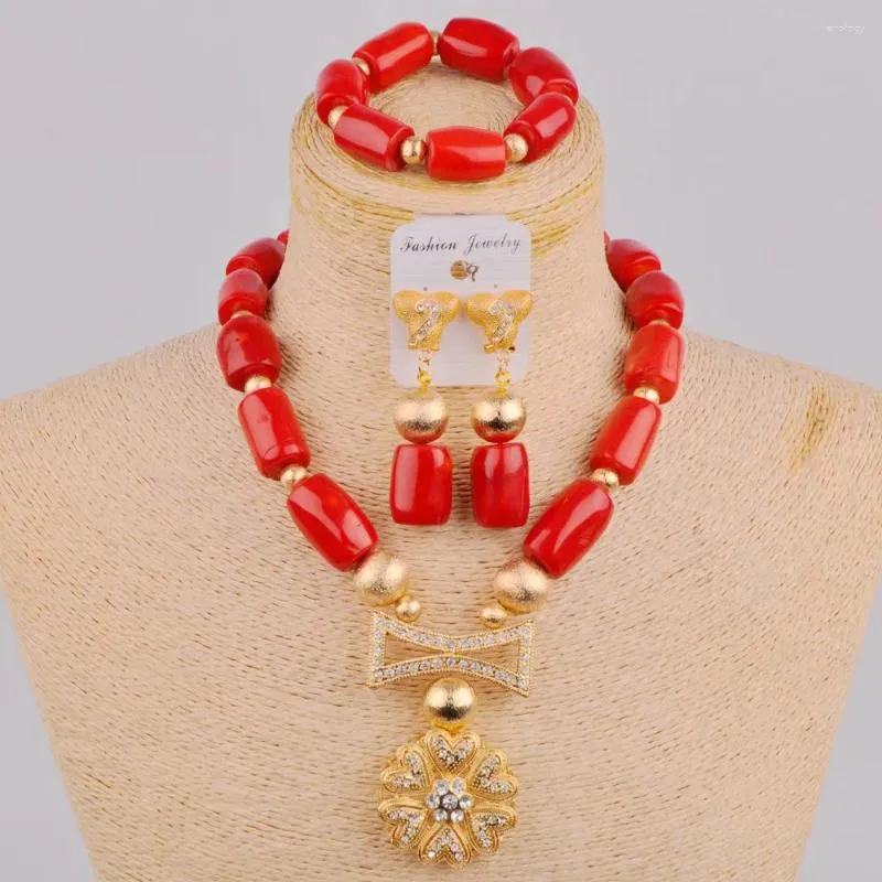 Necklace Earrings Set Fashion Red Coral African Beads Jewelry