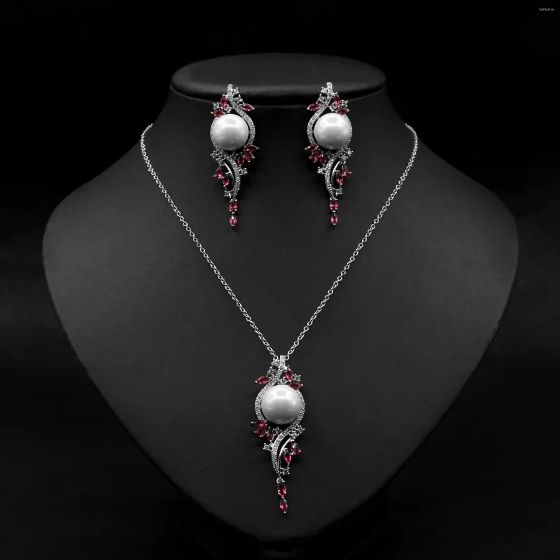Halskette Ohrringe Set Elegante Luxus Damen Perlen Anhänger Sets Klarer Kristall Zirkonia Für Brautkleid Zubehör Party Dress-Up