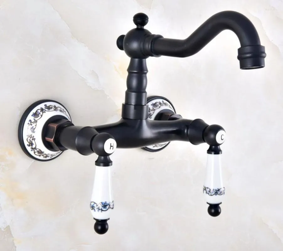 Kitchen Faucets Wet Bar Bathroom Vessel Sink Faucet Black Oil Rubbed Brass Wall Mounted Swivel Spout Mixer Tap Dual Ceramic Lever Mnf829