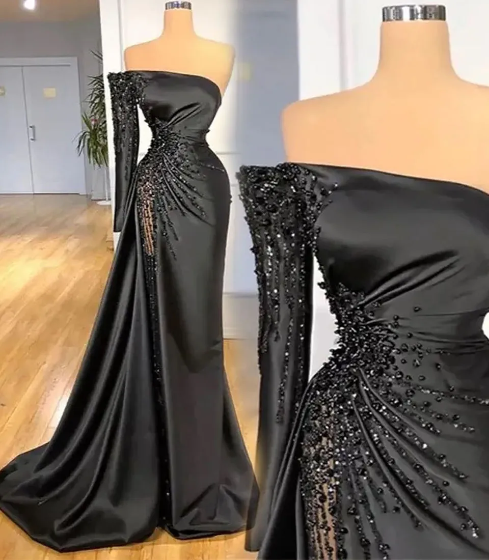 Robe de bal noire robes de soirée fête formelle paillettes fermeture éclair personnalisée à lacets grande taille nouvelle sirène satin perlé une épaule à manches longues