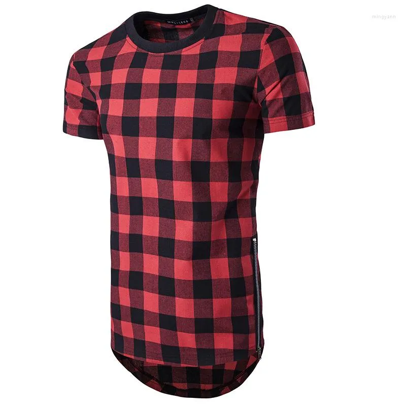 Men's T Shirts 2023 Brand Oversized Shirt T-shirt Side Zipper Hip Hop Hipster Plaid Pullover Tshirt Fashion Streetwear