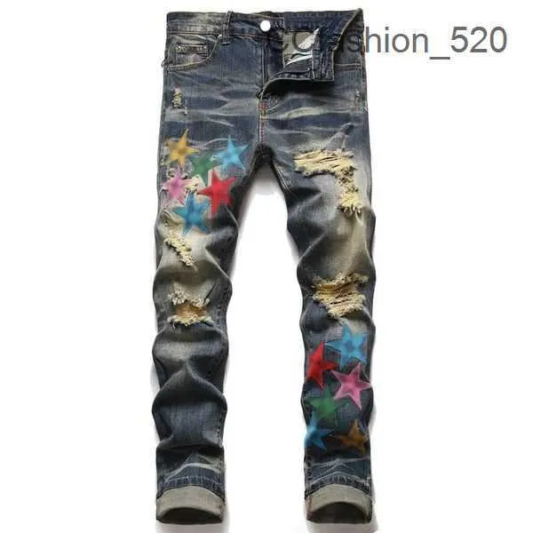 Lila Jeans für Herren, Designer-Jeans, modische Stretch-Jogginghose, luxuriöse Röhrenhose, lässige Sternenmuster, übergroße zerrissene Hose, modische Streetwear FU1O