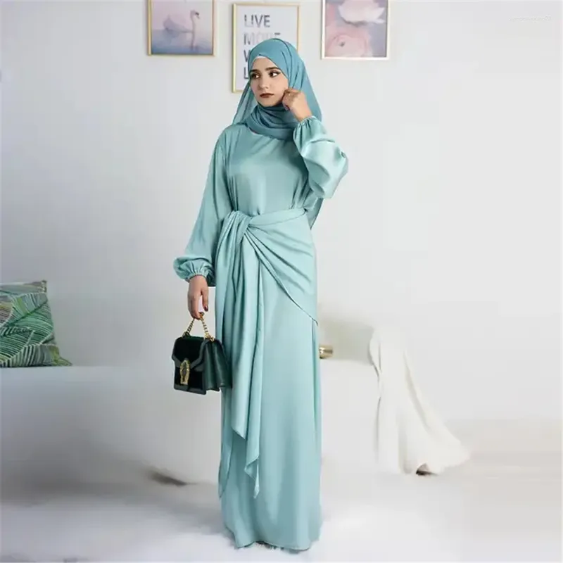 Etniska kläder abaya klänning satin 2 styck uppsättningar ramadan eid muslimska kvinnor kläder dubai kalkon blygsamhet lång mantel med wrap slips kjol kostym